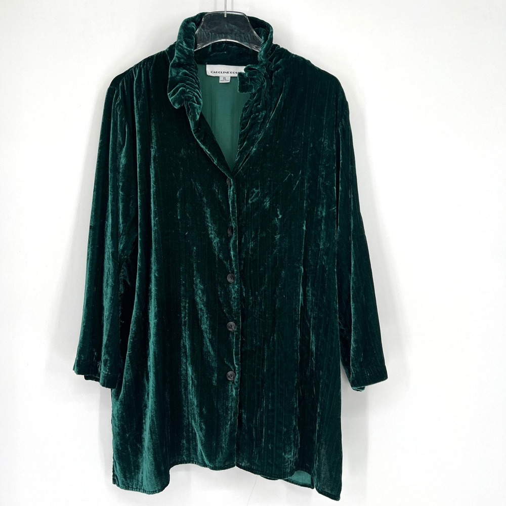 Caroline Rose Velvet Jacket Womens XL Green Blue Cardigan‎ Ruffle Neck Holiday